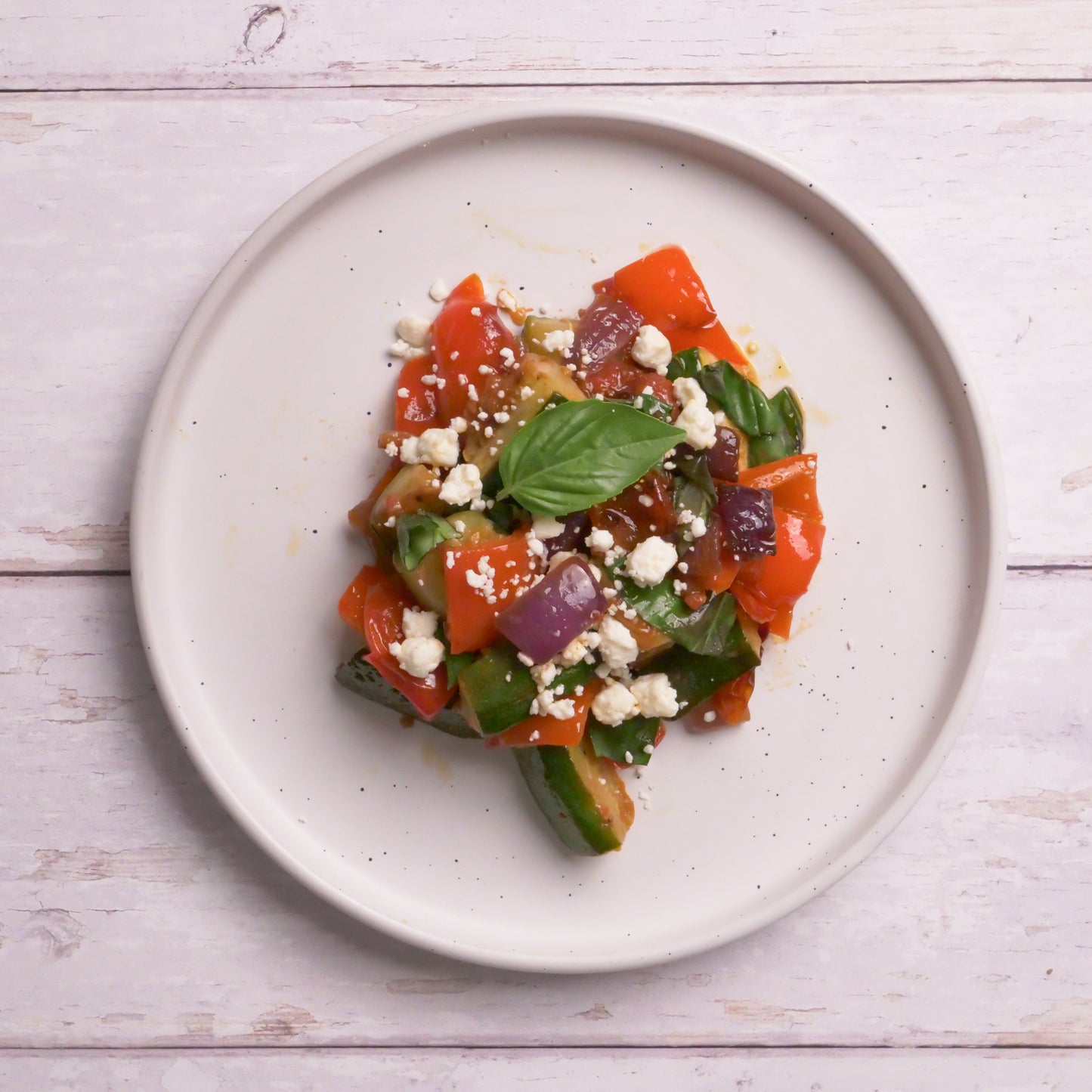 Zucchini, Tomato, Red Bell Pepper, Feta, and Basil Saute