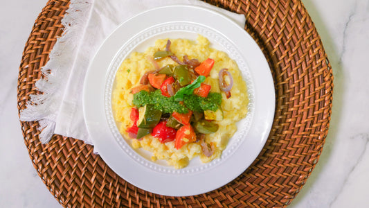Roasted Vegetables Over Parmesan Polenta & Pesto