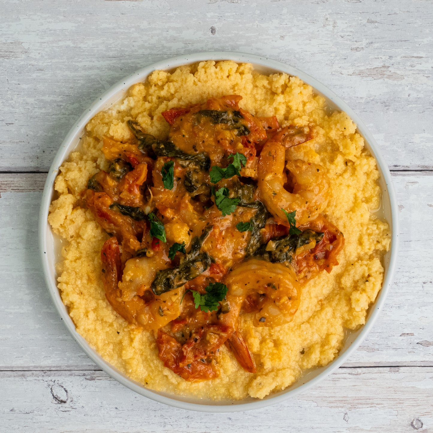 Tuscan Shrimp over Polenta